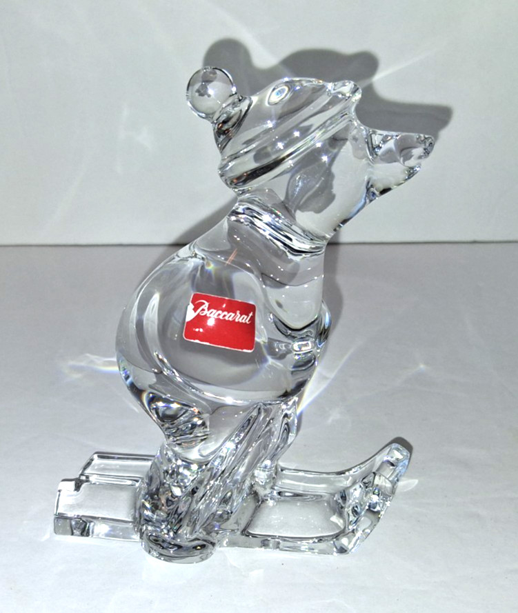 Baccarat France Clear Crystal Art Glass Polar Bear Skiing Figurine w/ Box Signed