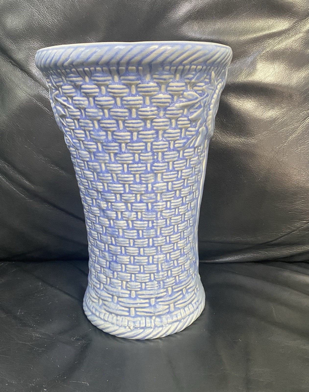 McCoy Pottery, 1932 Unmarked 10” Basketweave vase in Cornflower Blue