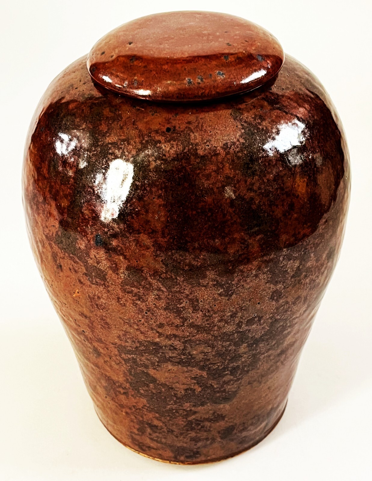 ARTS CRAFTS MISSION STYLE LIDDED JAR VASE HAMMERED COPPER GLAZE STUDIO POTTERY