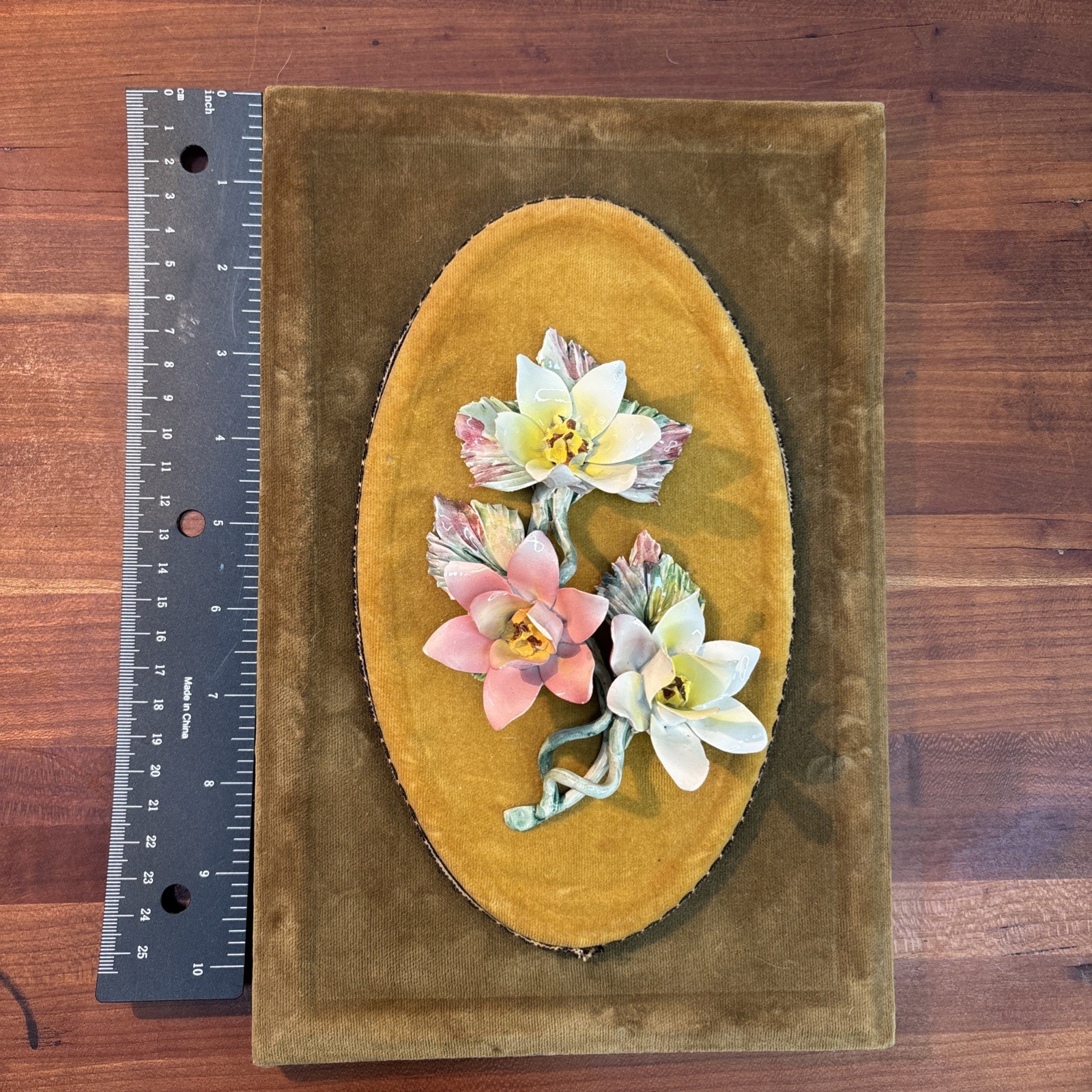 Italian Capodimonte Porcelain Flowers On Gold Velvet Wall Art