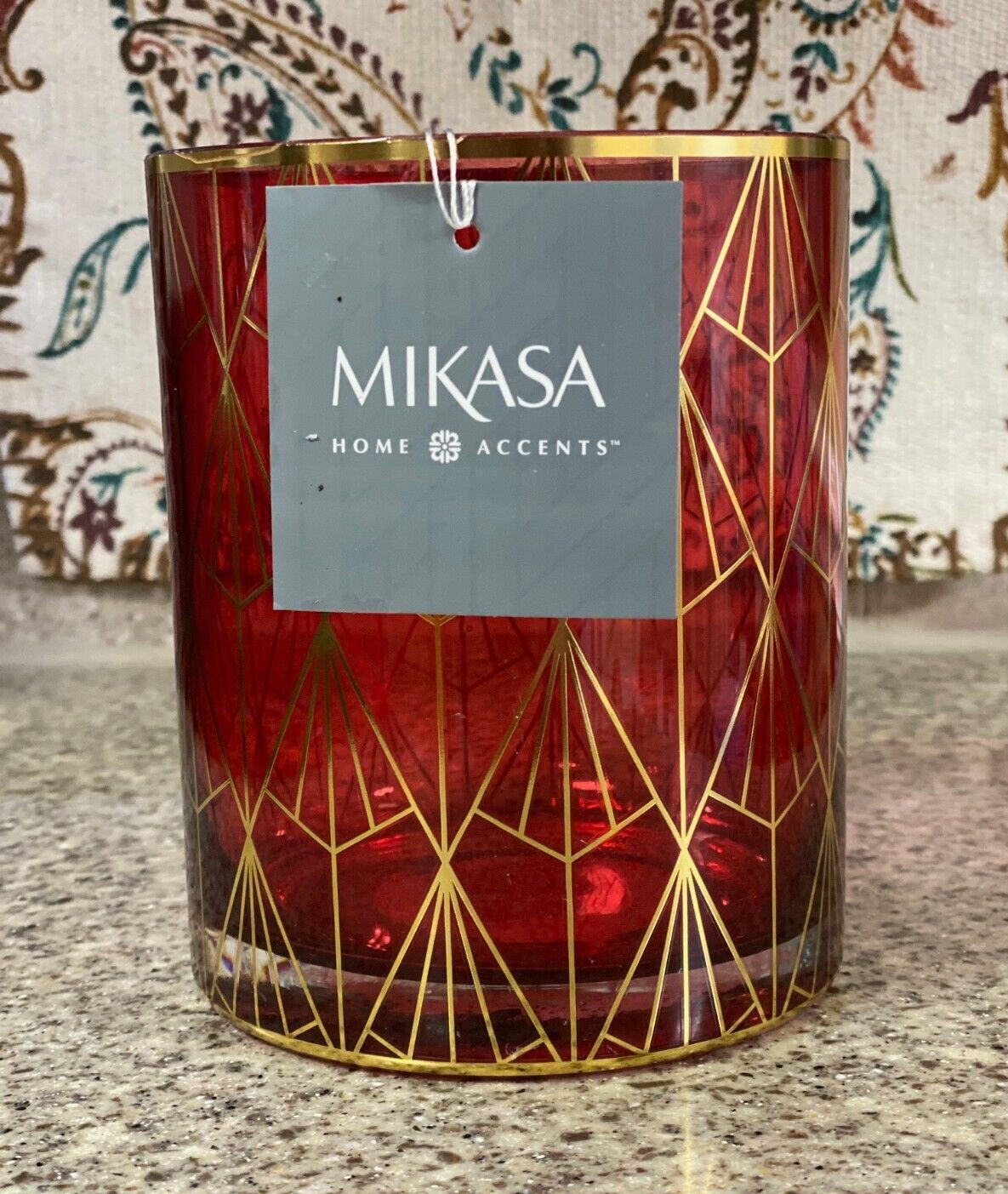 Mikasa~Home Accents~6″ Glass Hurricane~Red Gold Geomteric