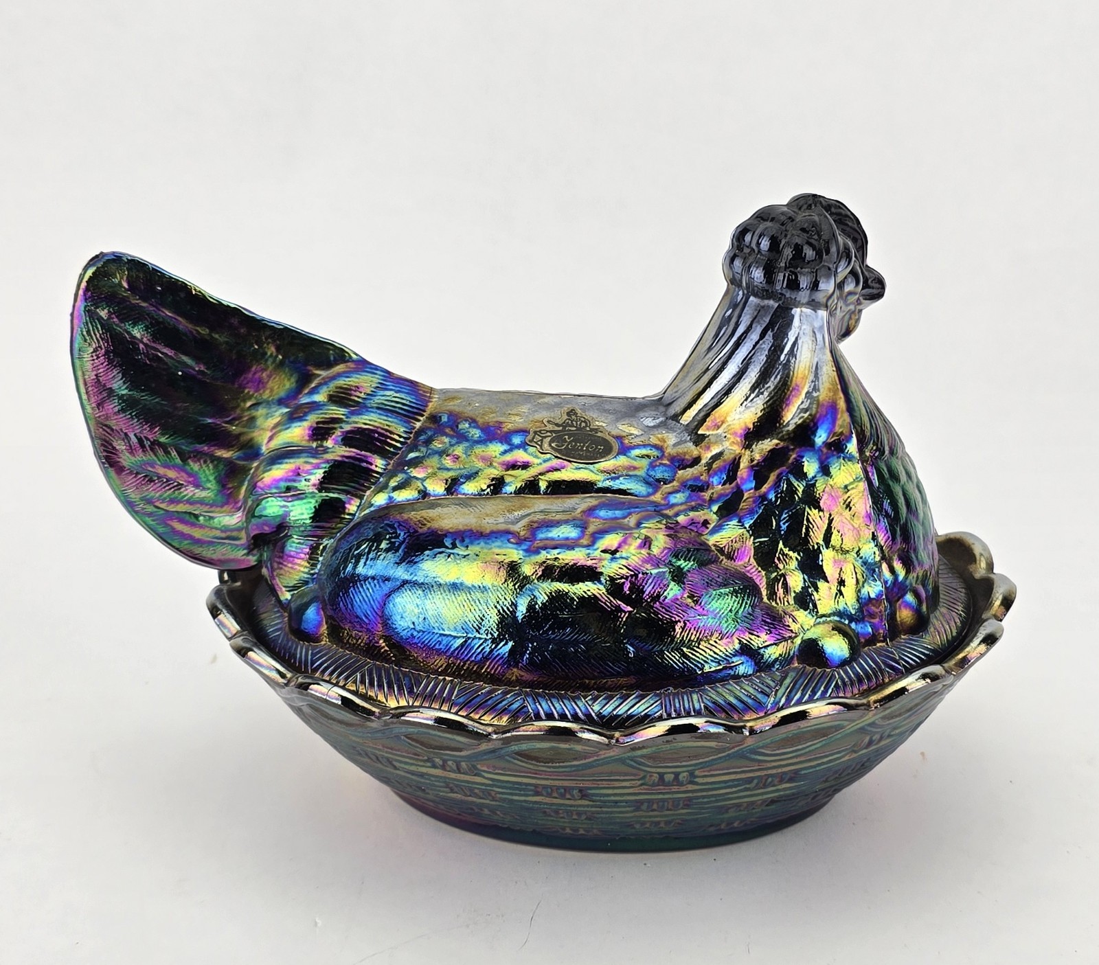 Fenton Amethyst Carnival Glass Hen on Nest 9″ Original Sticker Hang Tag