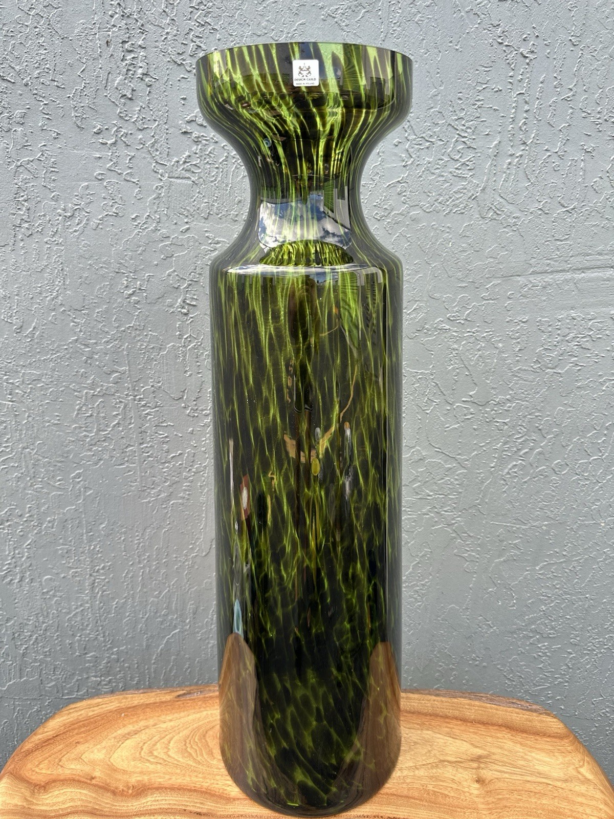 Vintage Large Art Glass Vase 31” Guild Poland– Green Black Handblown Style