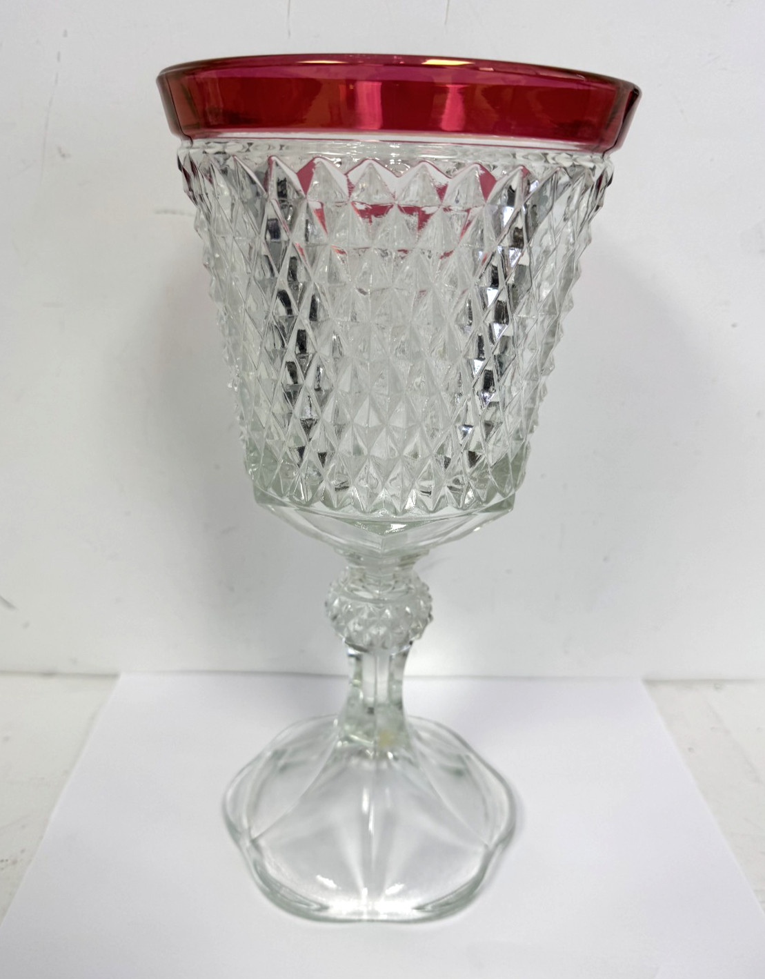 Vtg Indiana Glass Diamond Point Footed Urn/Compote w/Cranberry Flash 11”H 5.5″W