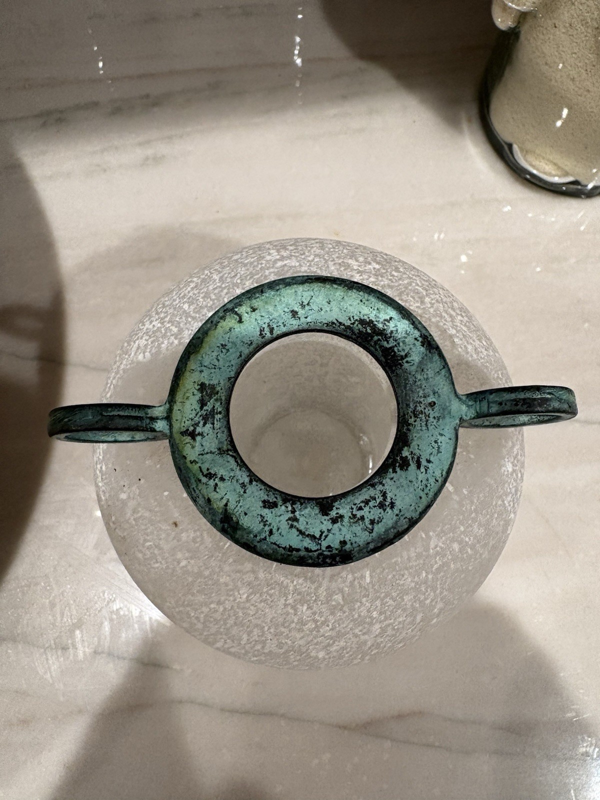 Vintage Silvestri Mid Century Mouth-Blown Scavo Art Glass Vase W Verdigris Top