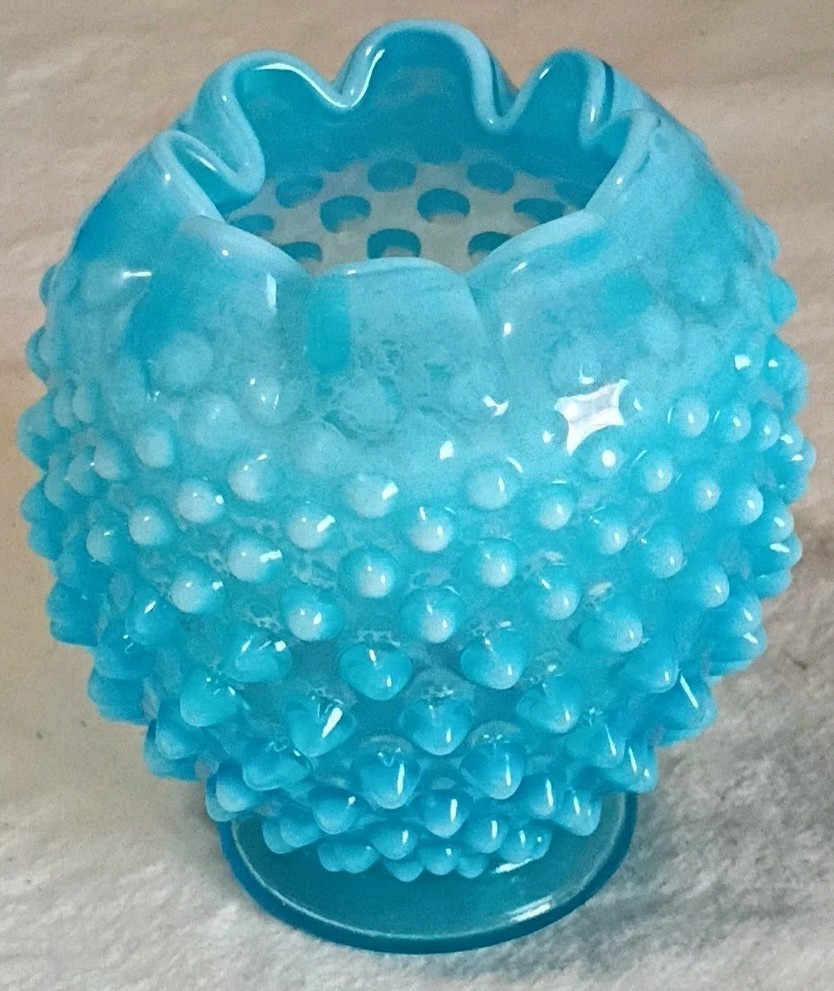 Vintage Fenton Blue Opalescent Rose Bowl Vase 4.5″ B11
