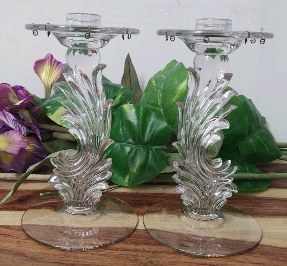 Pair of Fostoria Baroque Flame Cut Crystal Candleabra Candle Sticks Holders 2484