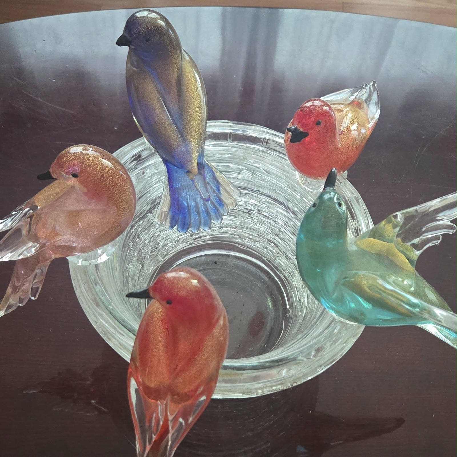 Murano Art Glass Multicolor Bird Figurines Set w/ Glass Bowl Centerpiece