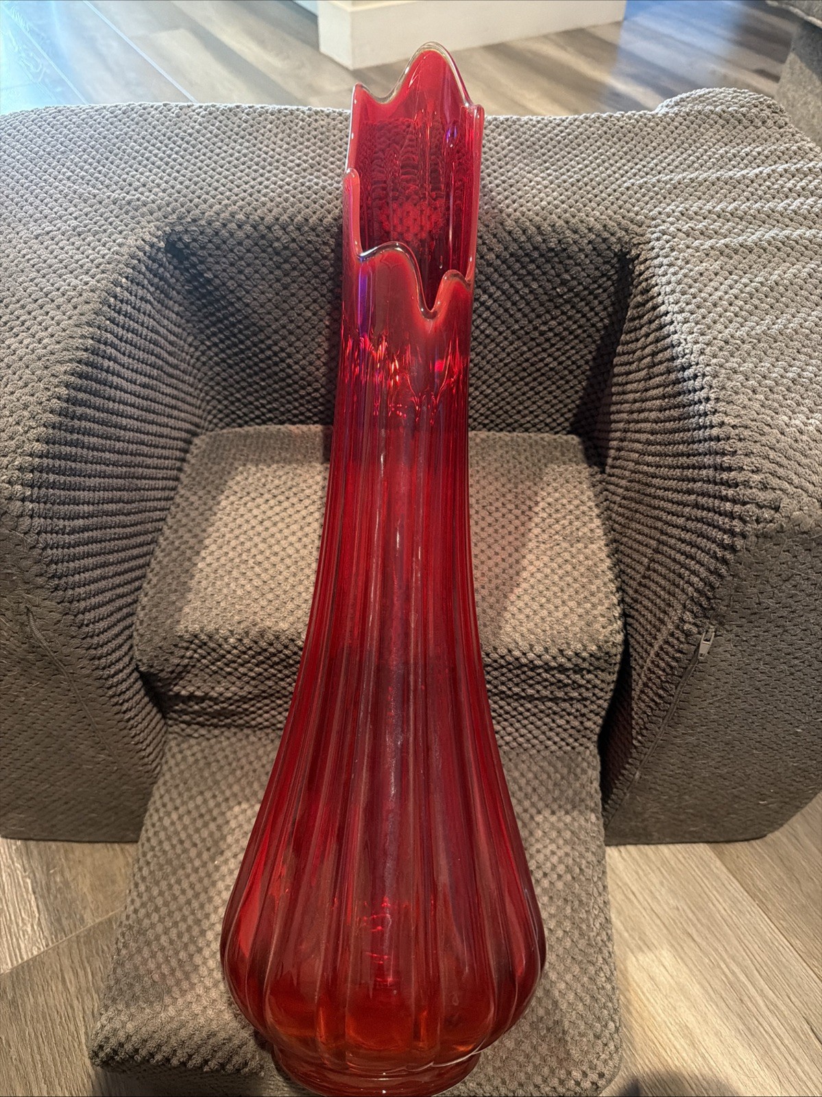 Vintage Red Stretch Swung Ribbed Floor Vase-24 Inches Tall!