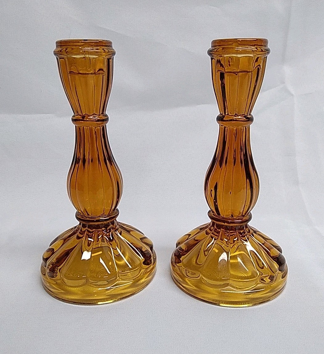 Amber Glass Mcm Pair Candlestick Holders 60s 70s 6 1/2″ Tall VGC Honey Color