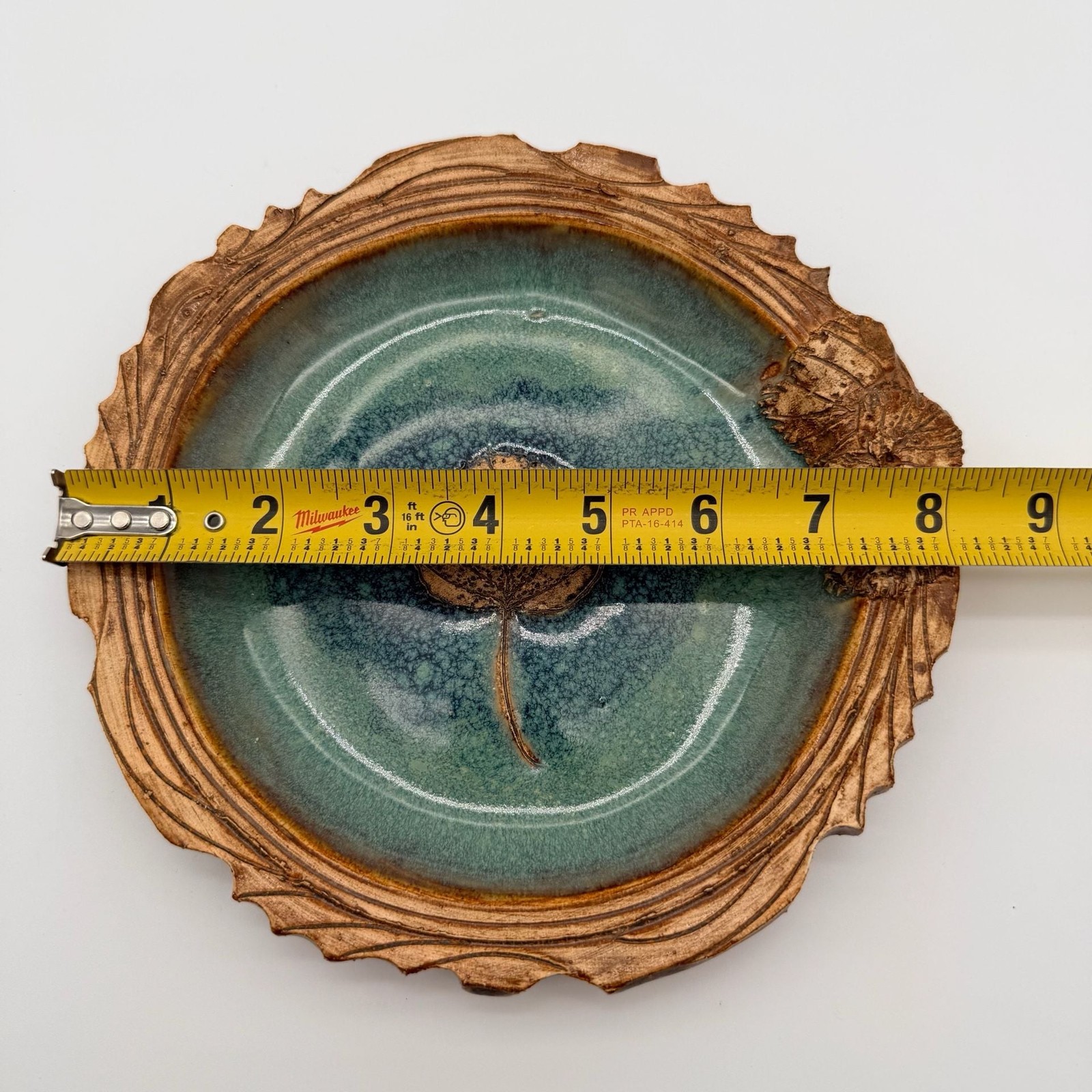 Handmade Studio Pottery Leaf Plate Blue Crystalline Glaze Ceramic Art 8”