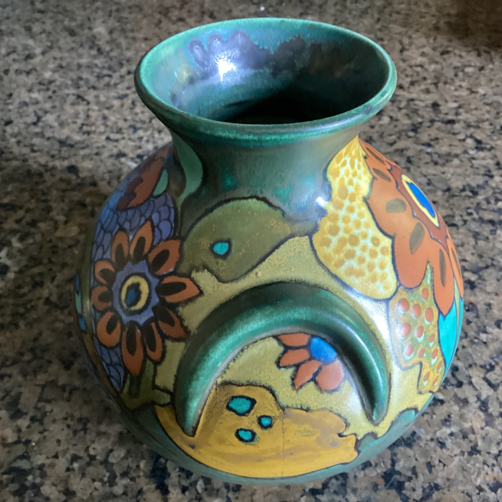 Vintage Gouda Holland Art Pottery Vase Handpainted Bird Art Deco Vase 5.5”