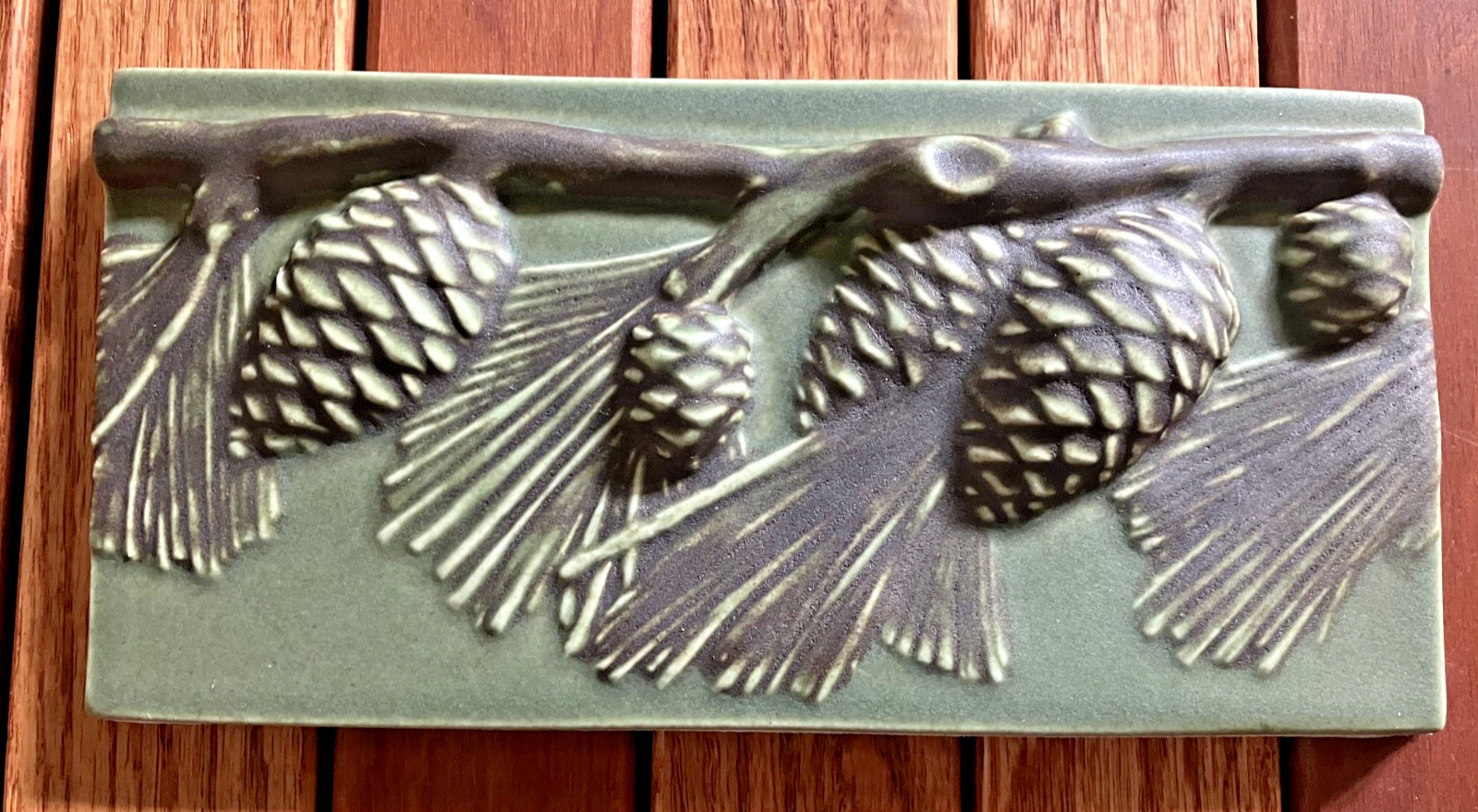 Pratt & Larson Handmade Decorative Relief Pinecone & Branch Tiles MATTE 8″ x 4″