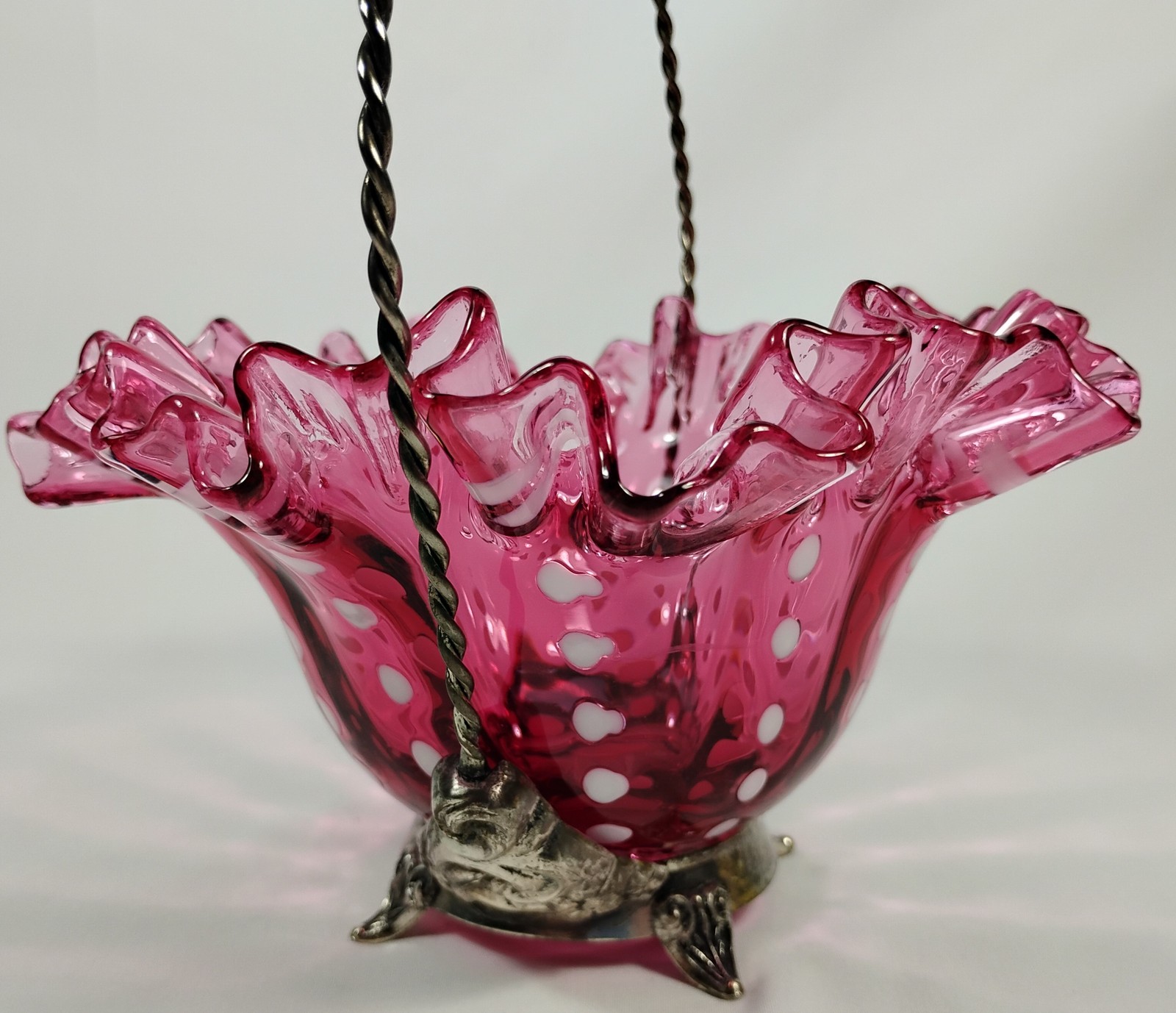 Cranberry Opalescent Polka Dot Blown Glass Basket Silver Plate Holder Ruffled