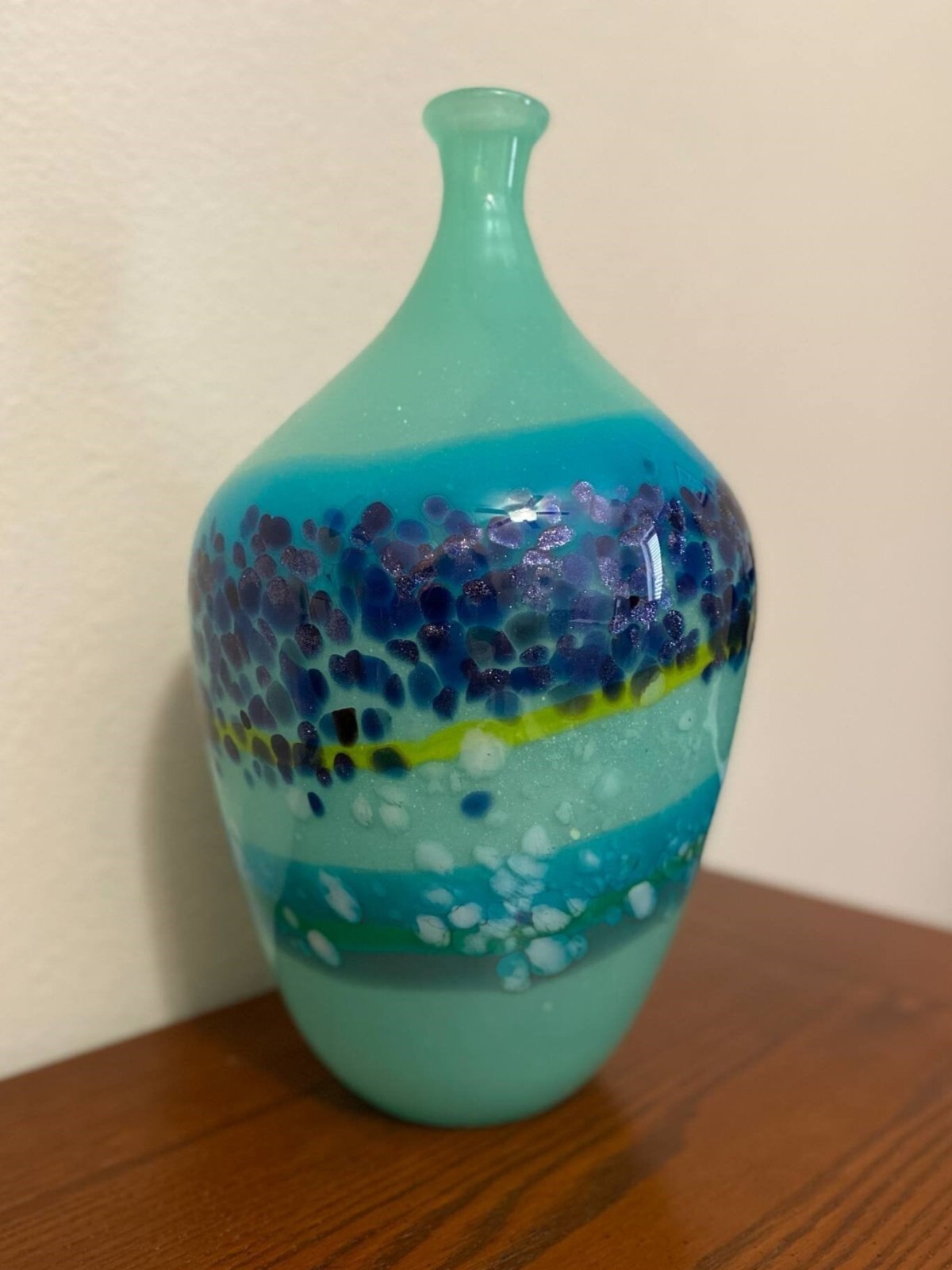 VTG MURANO Italy Hand Blown 16″ Art Glass Vase Blue Green with Flecks 10 lbs