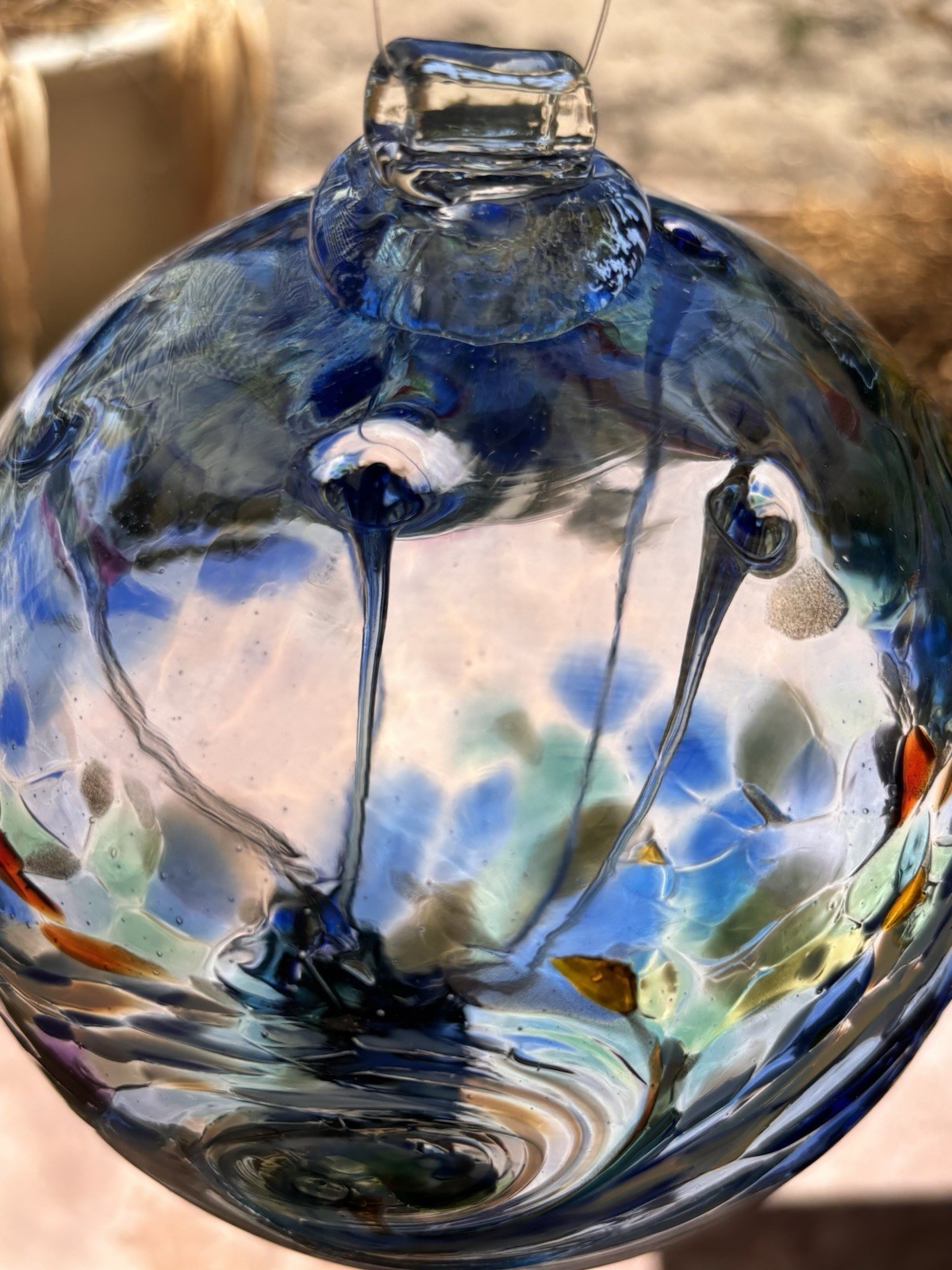 Hand Blown Art Glass Ball Blue Gold Aventurine Hanging Garden Orb Studio Glass