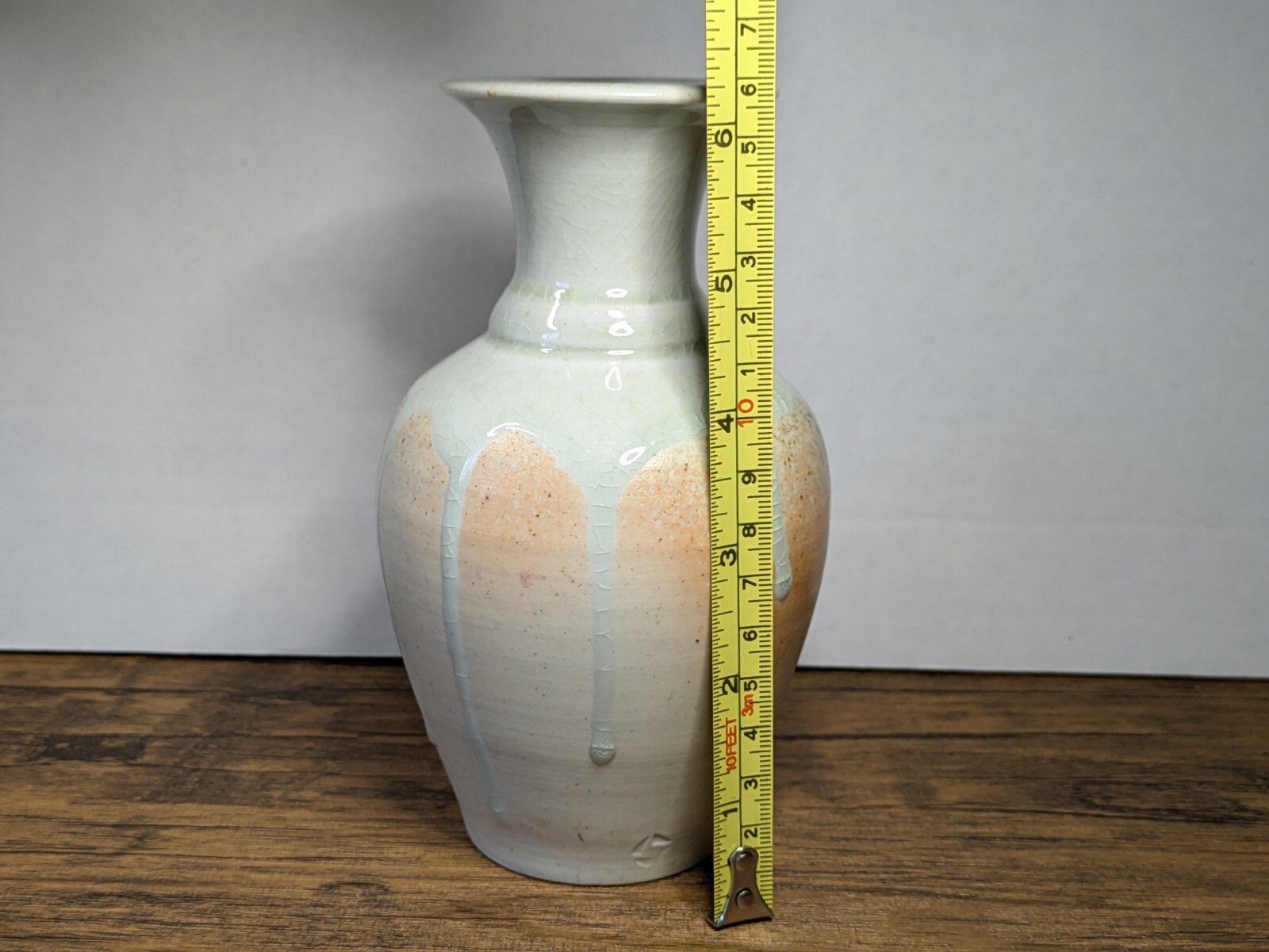 Vintage – 6¼” White on Peach Drip Glaze Bud Vase, Studio Pottery Marked