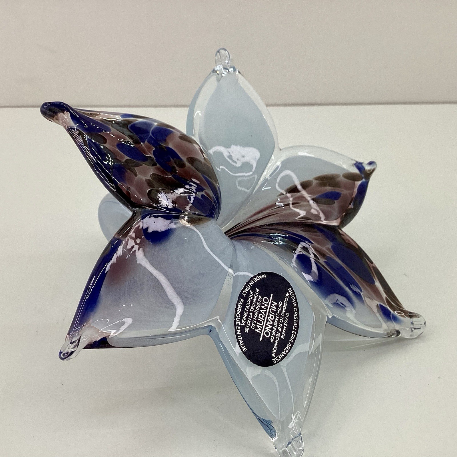 Murano Style Lily Flower Hand Blown Italy Glass Purple Blue White 5” W/ Sticker