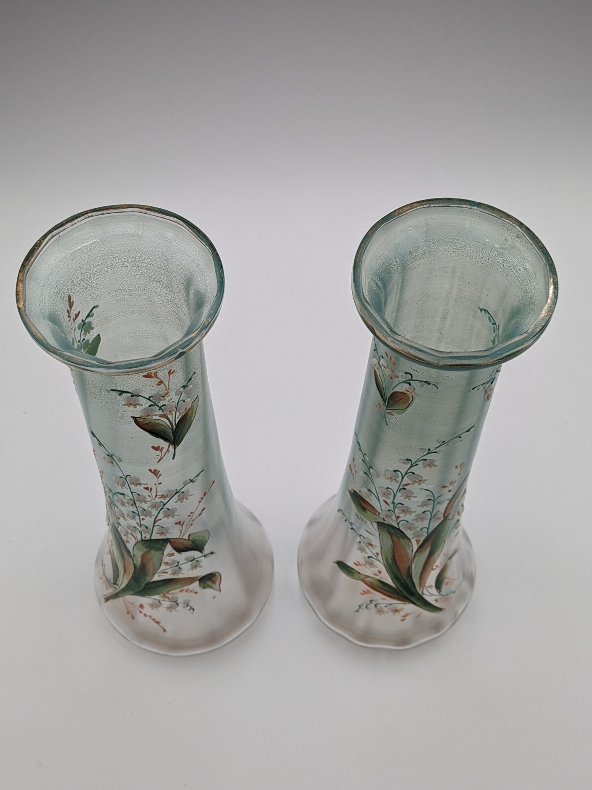 (2) Bohemia Satin Glass Enameled Hand Painted Lily of the Valley Vases 14″