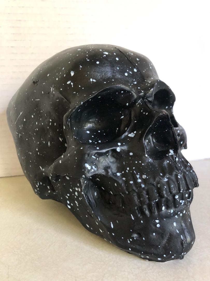 Gothic Human Skull Paperweight Figurine Statue Black Speckled Finish