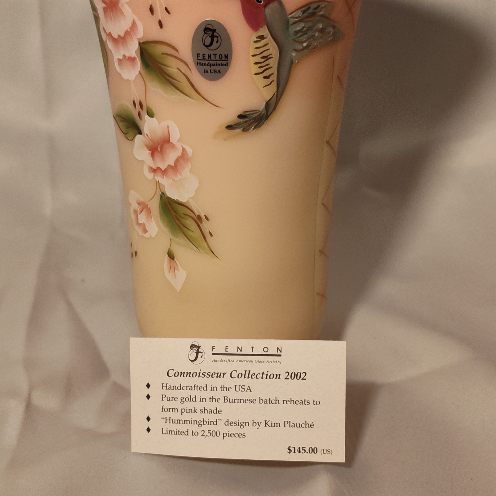 Fenton Connoisseur Collection Burmese Hummingbird Hand Painted Glass Vase