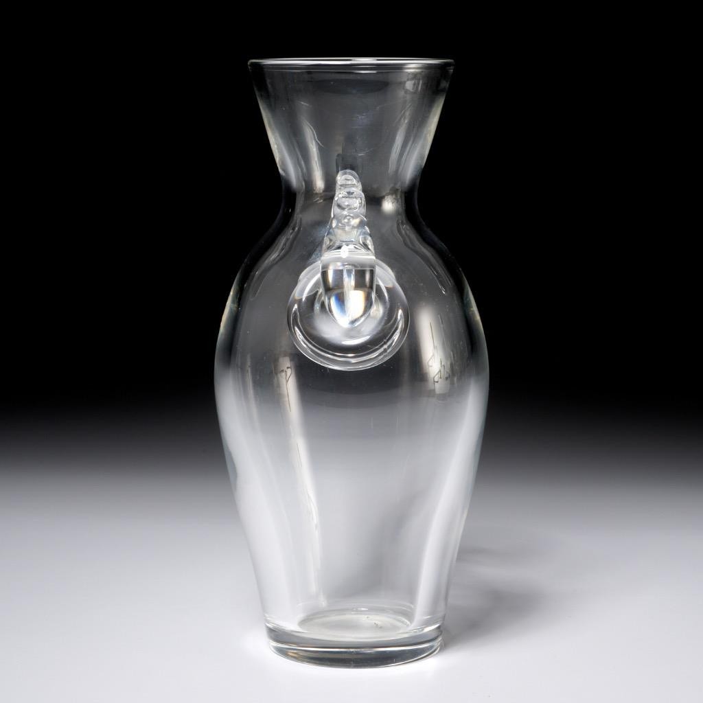 Steuben Lloyd Atkins Clear Ring Handle Art Glass Vase 1950s MCM