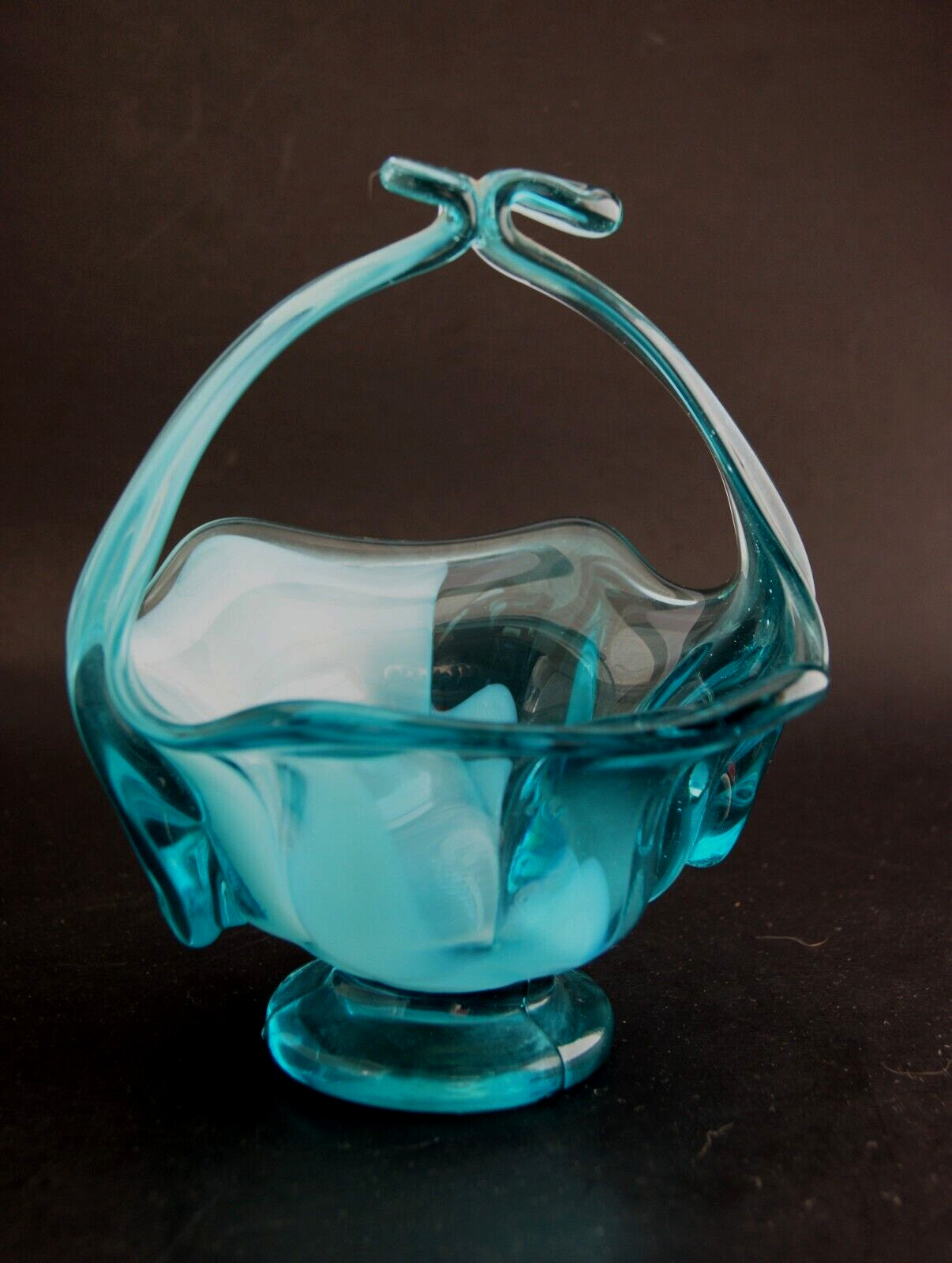 Blown Biomorphic Art Glass Sweet Meat Basket Blue and White Swirl Candy Dish