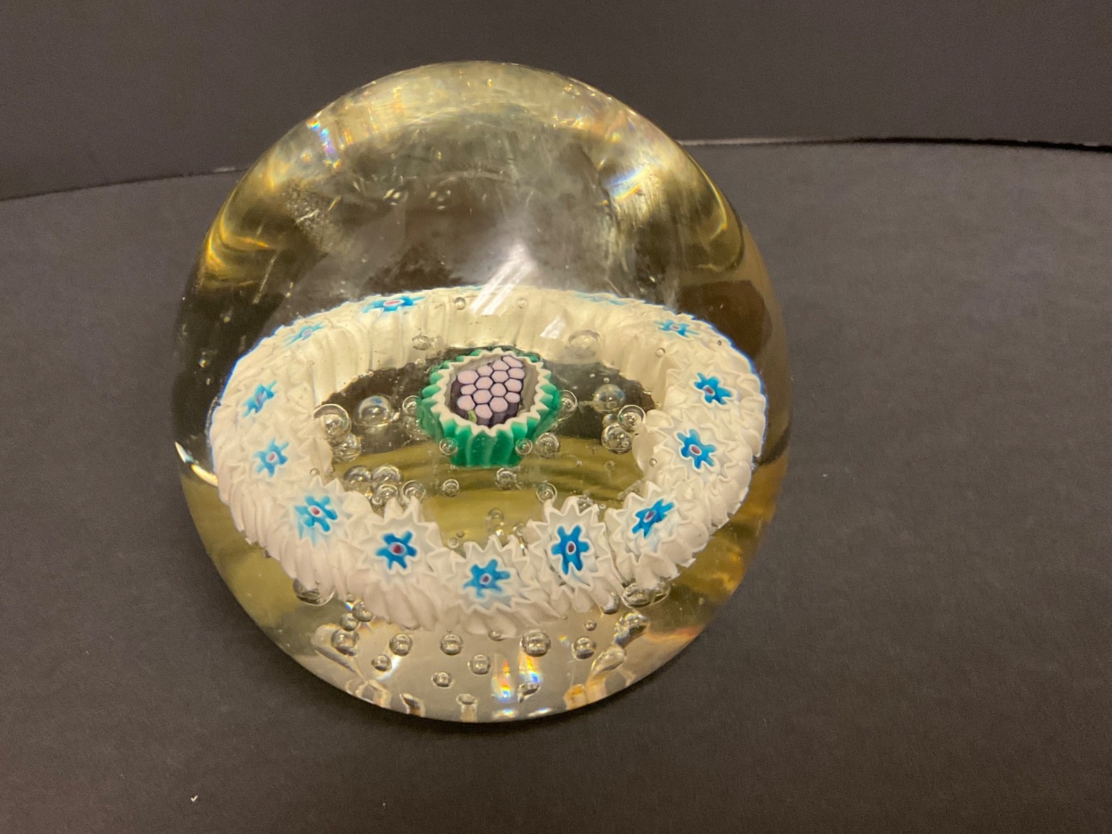 Clear Glass/ Millefiori Art Glass Paperweight Turquoise & White 3″ T