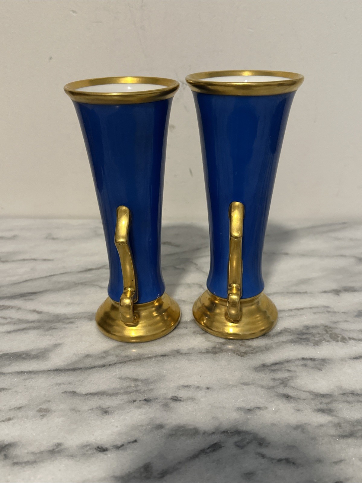 Art Nouveau Classical Revival European Set Of Two Porcelain Vases Blue With Gold