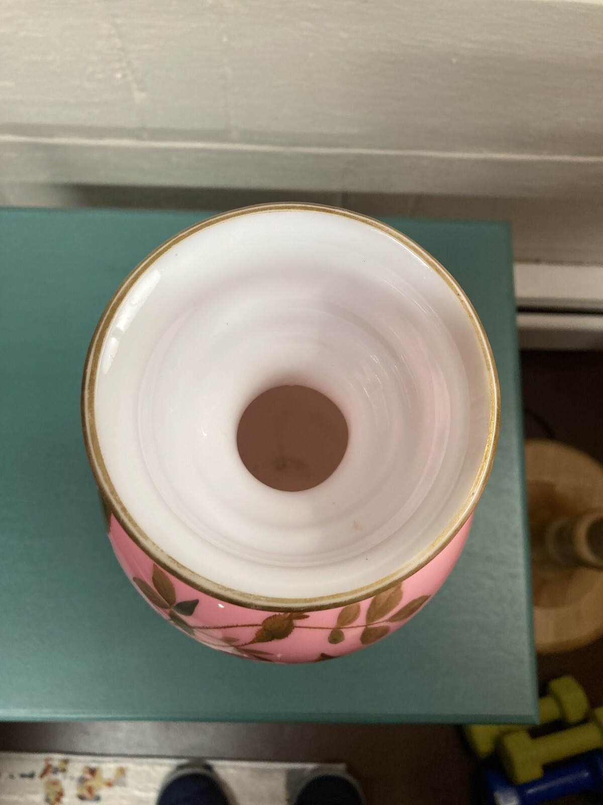 HARRACH MANTLE VASE 14″ X 6″ Bird & Blossom Enamel Pink Opaline EXCELLENT!
