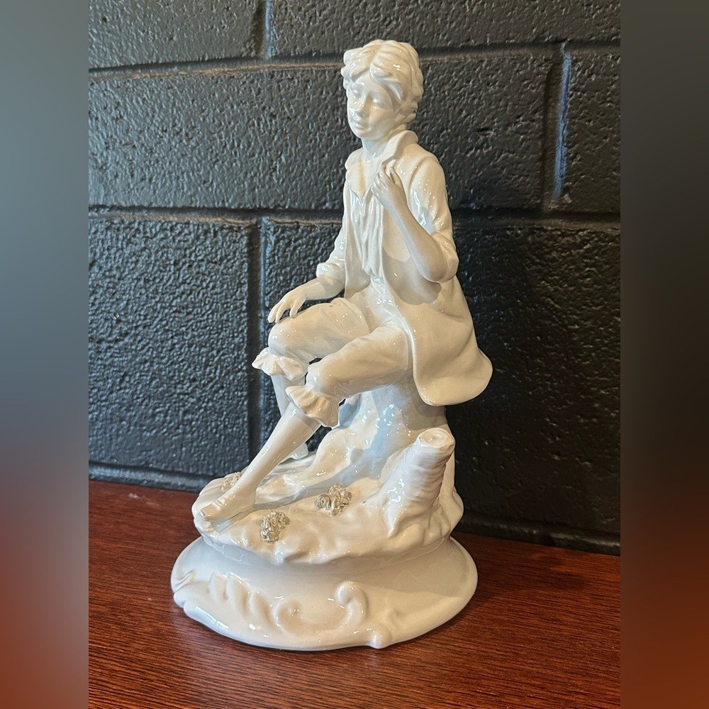 Vintage White Porcelain Figurine Seated Boy Statue – Made in Italy