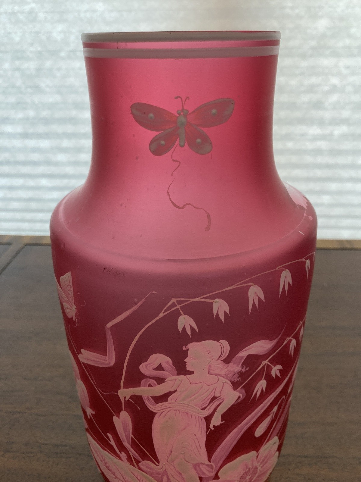 RARE ANTIQUE FLORENTINE ART CAMEO LARGE Cranberry Vase W/Woman In Nature 12.75″H