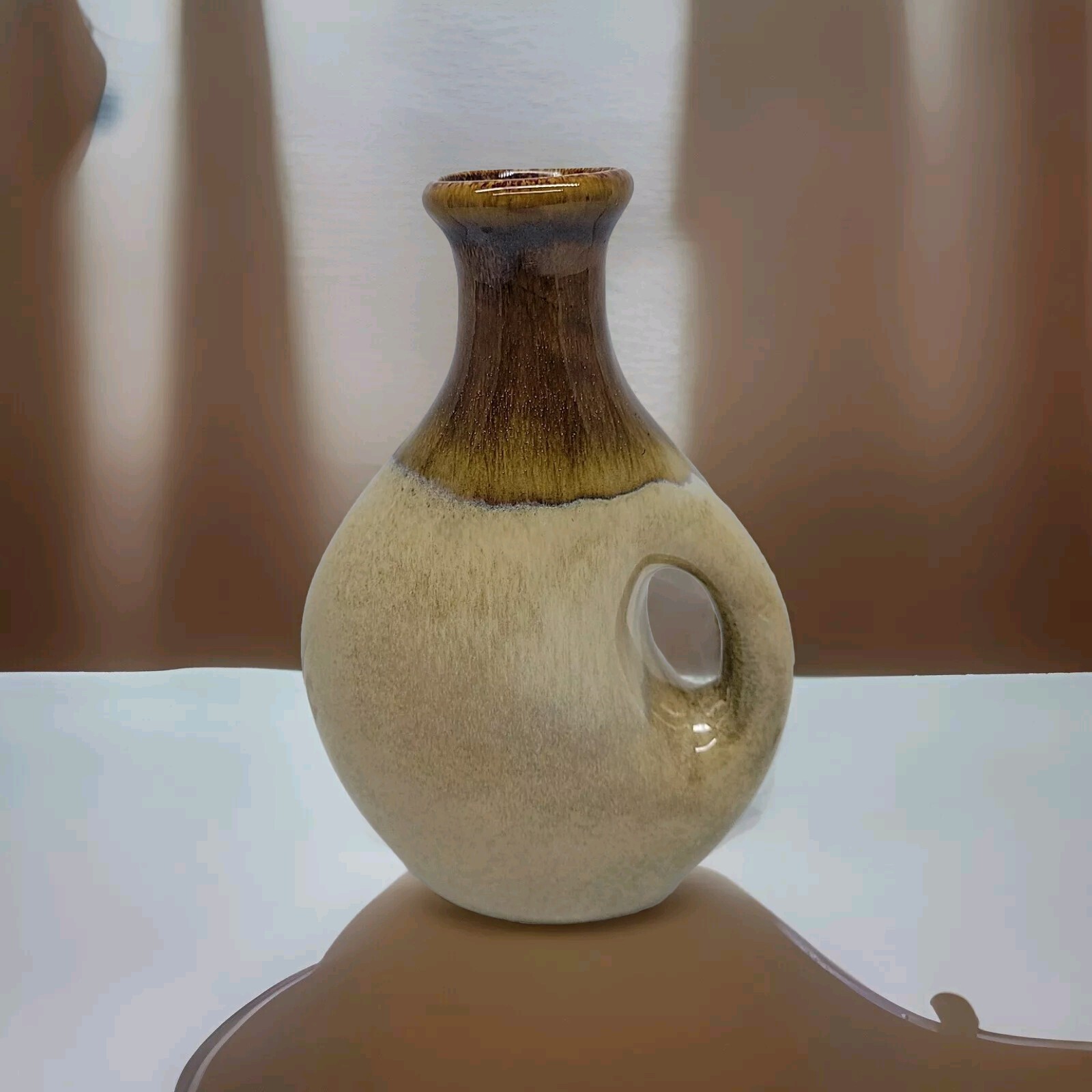 Brown, Beige & Blue Glazed Ceramic Vessel Vase – Decorative with Handle