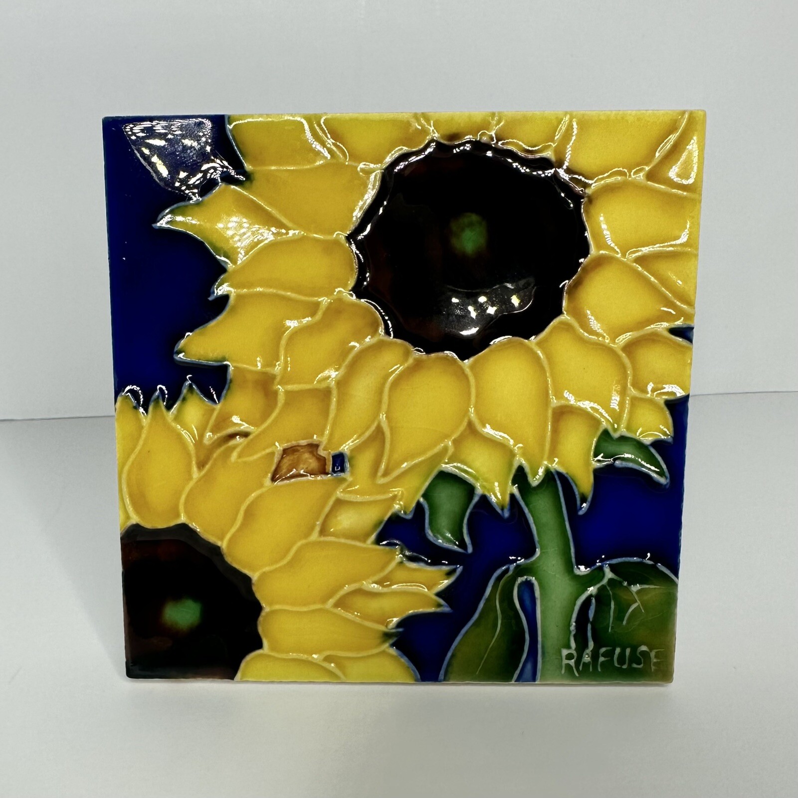 RAFUSE Signed 4″ x 4″ Ceramic Tile Sunflowers With Blue Background Stand/hang