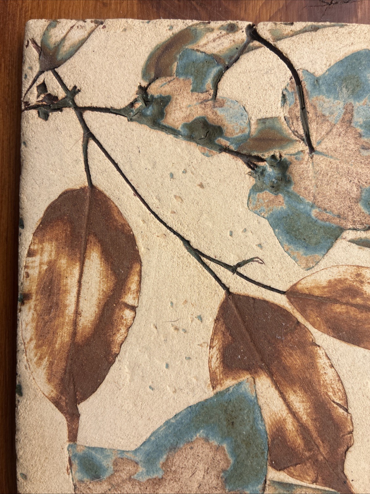 Vintage Mid Century Studio Pottery Botanical Tile Wall Plaque Signed Handmade