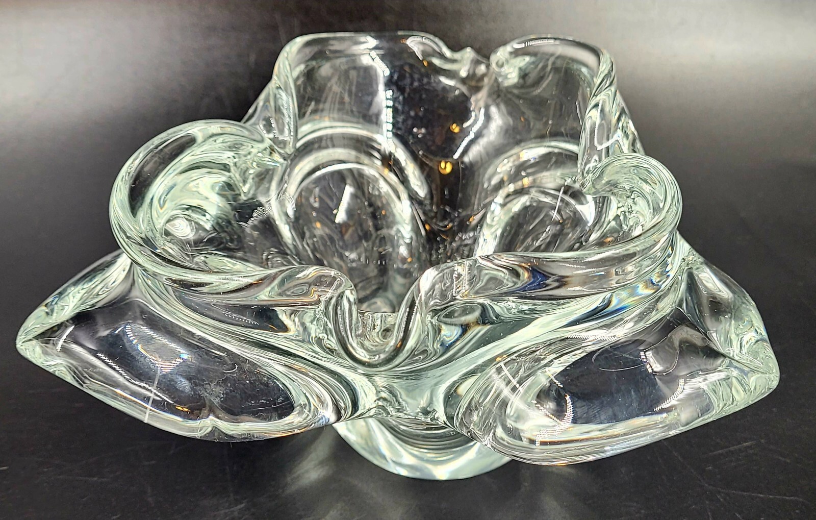 Murano Venetian Italian Art Glass Cigarette Cigar Clear Ashtray Dish Floriform