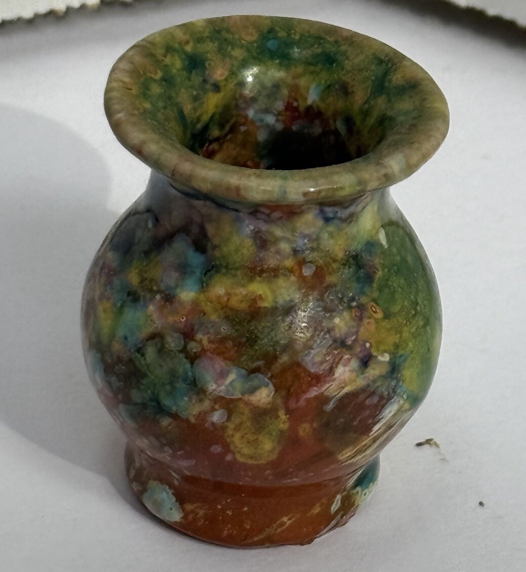Vintage Studio Pottery Green Glaze With Multicolors 2 Inch Initialed Vase