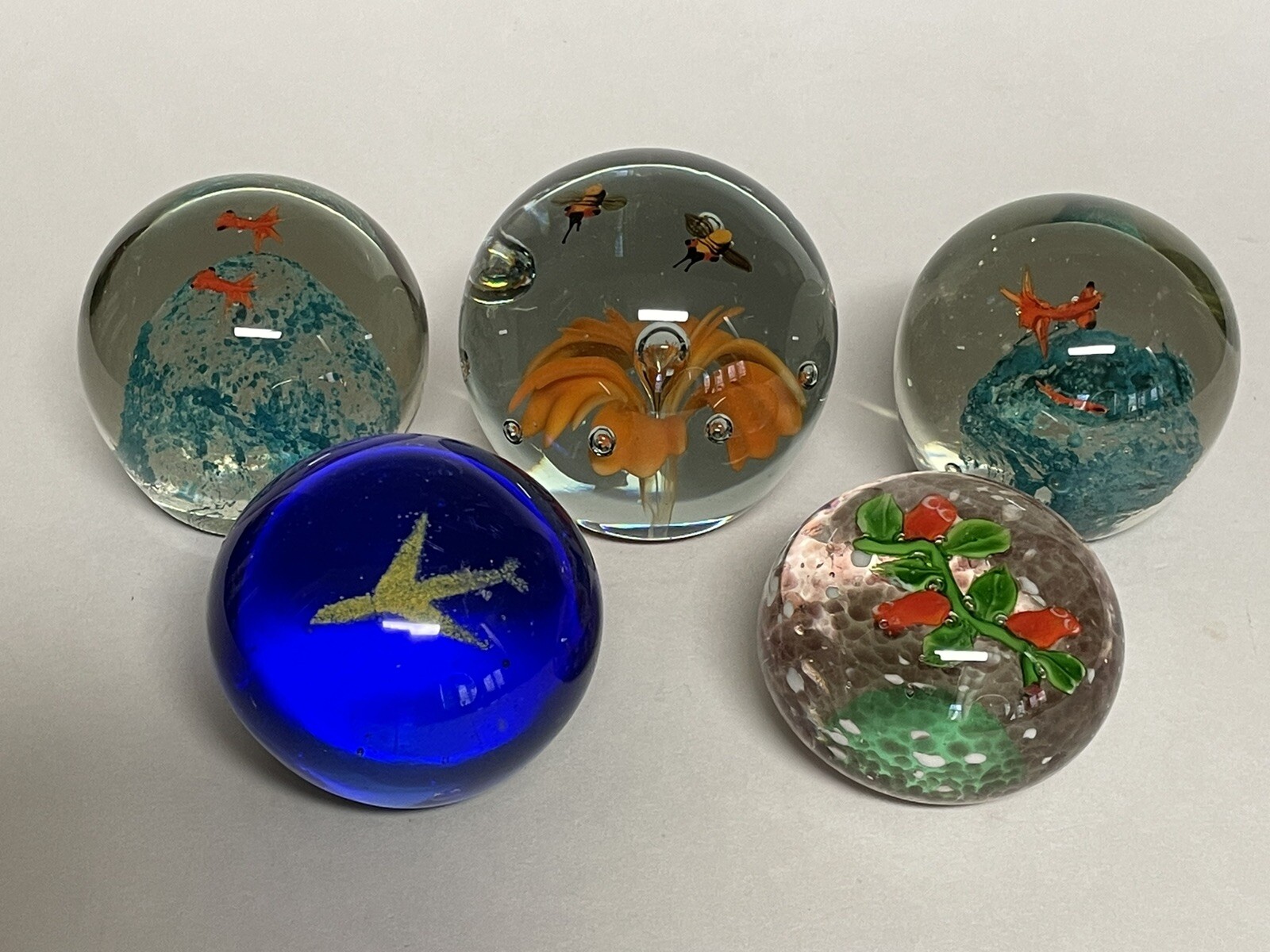Art Glass Animal Paperweight Lot of 5 Birds, Bees, Fish 1.75” – 2 7/8”