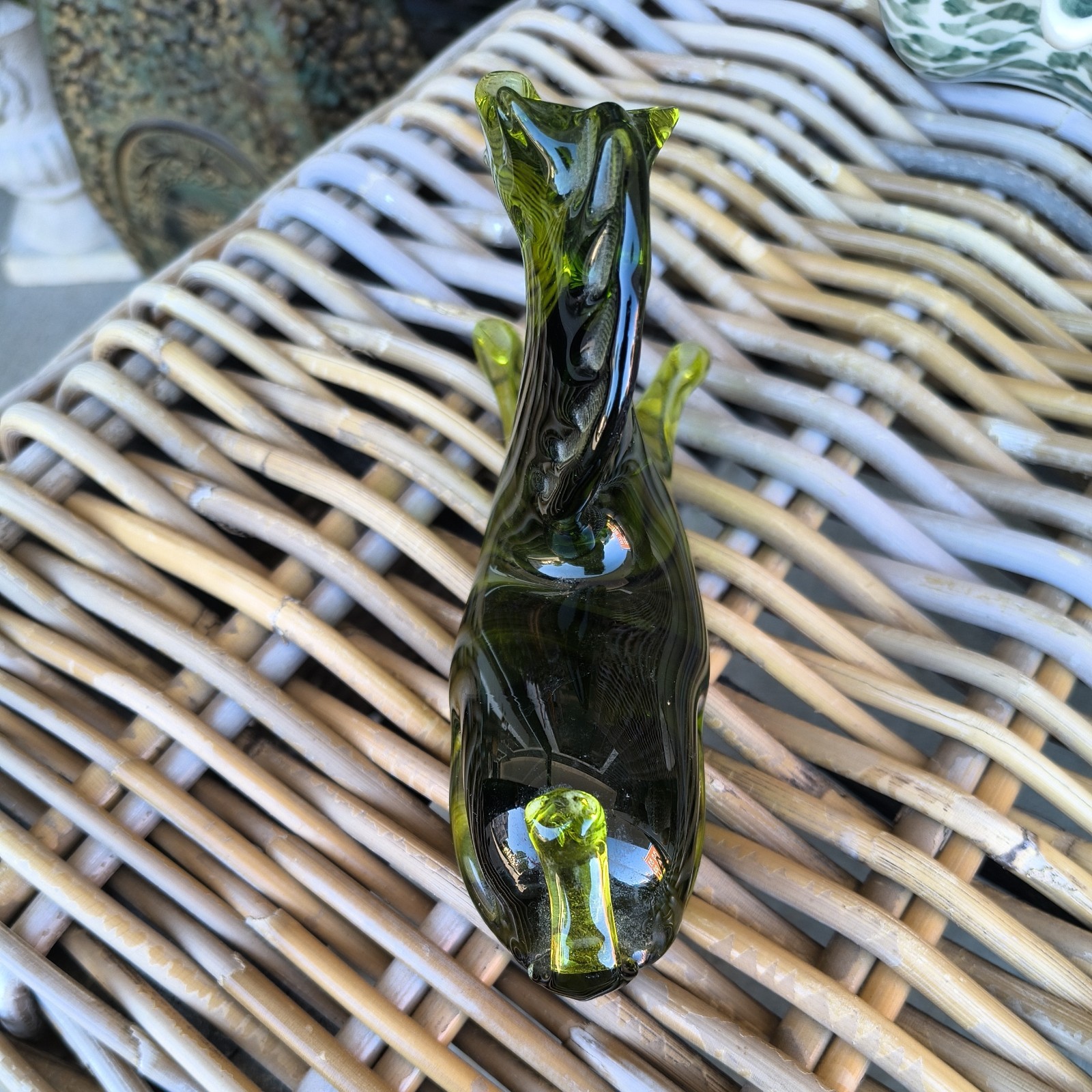 HAND BLOWN Green HORSE Rainbow Art Glass VINTAGE 6″ Wide 3 1/2″ Tall 2 1/4 Thick