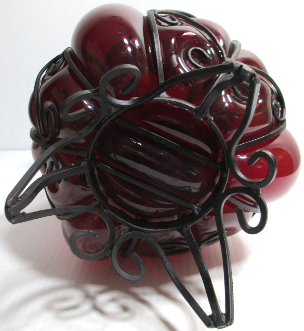 Vintage Hand-Crafted Ruby Red Glass Cased in Wrought Iron Vase 10 1/4″ Tall