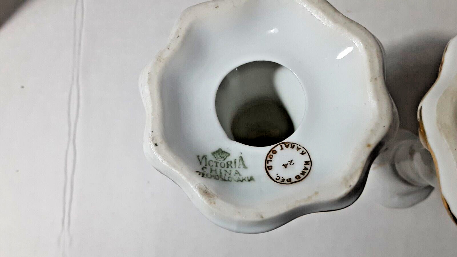 candle holders Victoria China Czechoslovakia 24kt gold White hand painted 5 1/2″