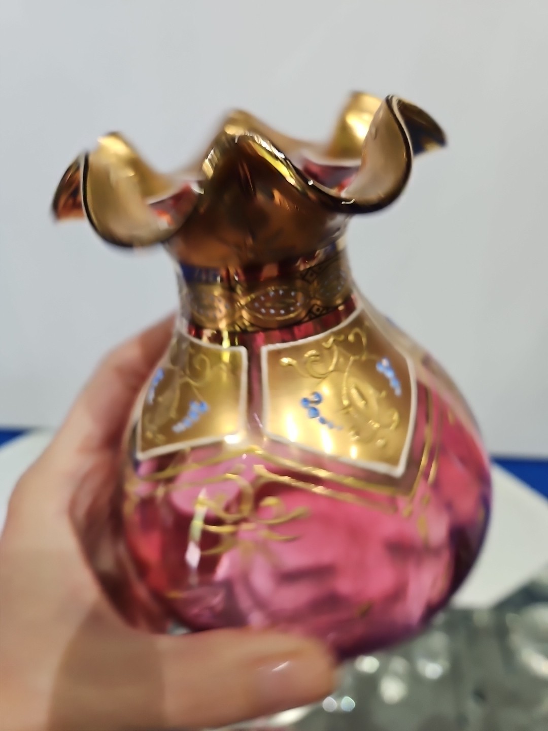 Antique Small Glass Vase, Bohemian Cranberry gold enamel , Moser / Harrach type