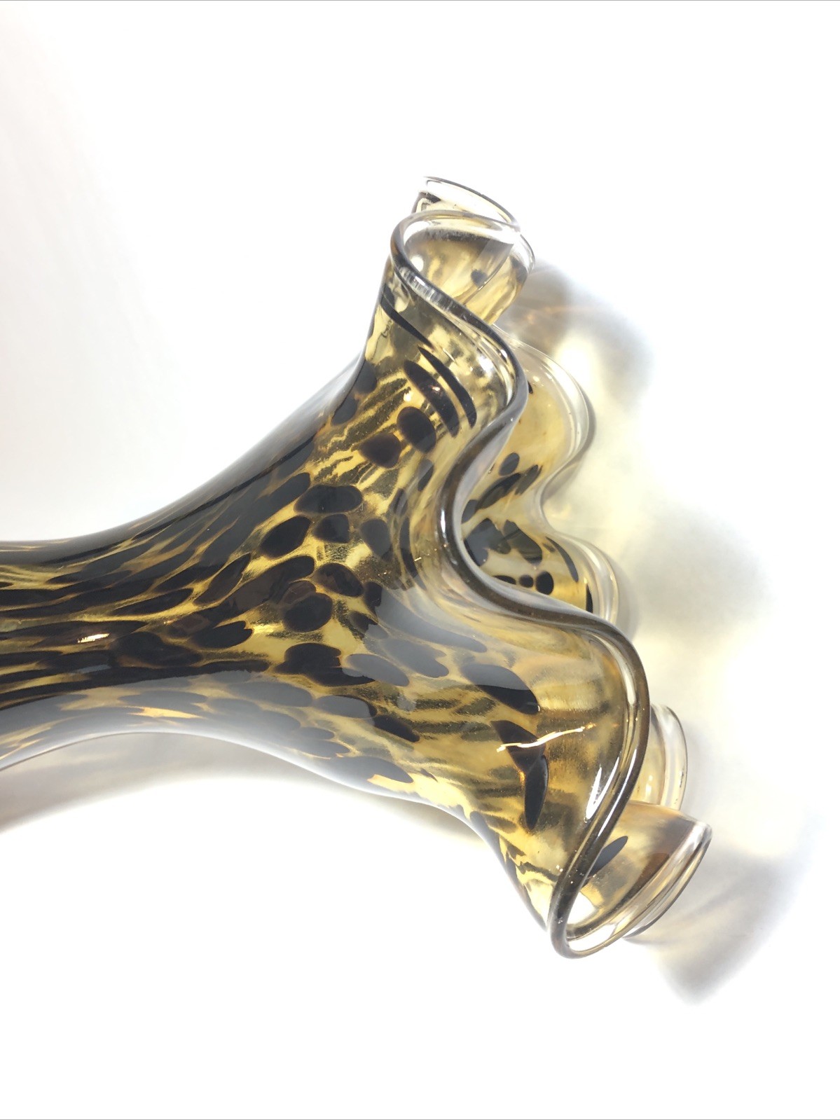 Large Blown Glass Vase- 22.5″ Tall, Ruffled Edge. Amber Brown Tortuous Shell