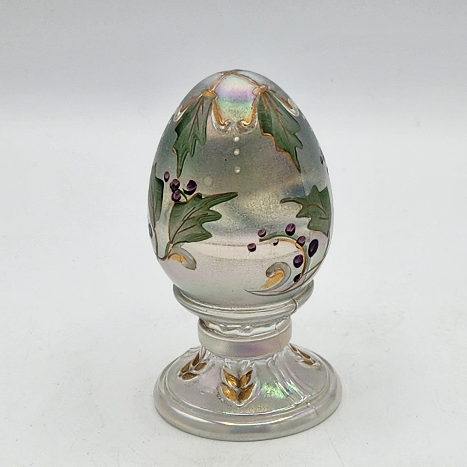 Fenton Glass Egg on Pedestal Purple Berries Iridescent Signed S. Miller No. 1176