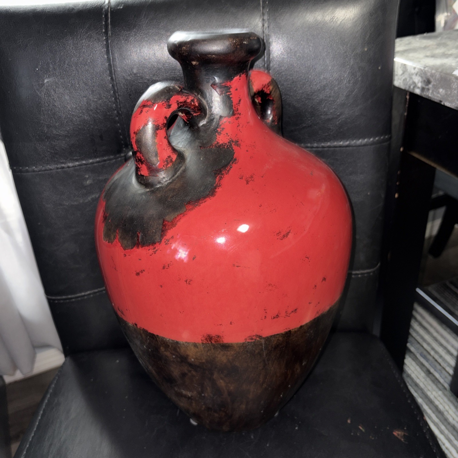 14.5” Double Handle Large Vase Red/Black Fat Lava Heavy Bolbous Body Narrow Neck