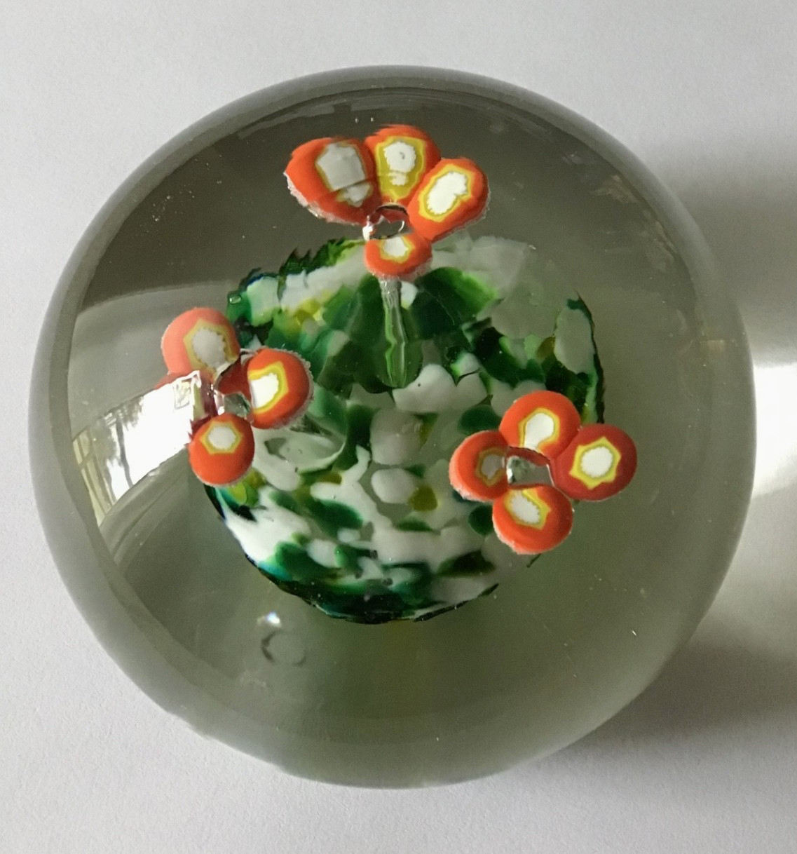 Vintage Bohemia Czechoslovakia Hand Made Paperweight Three Orange Flowers 3 Inch