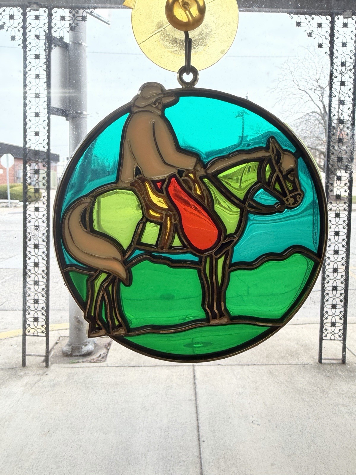 Equestrian Horse Suncatcher Round 4 1/8″ Cowboy Vintage Glass With Metal Frame