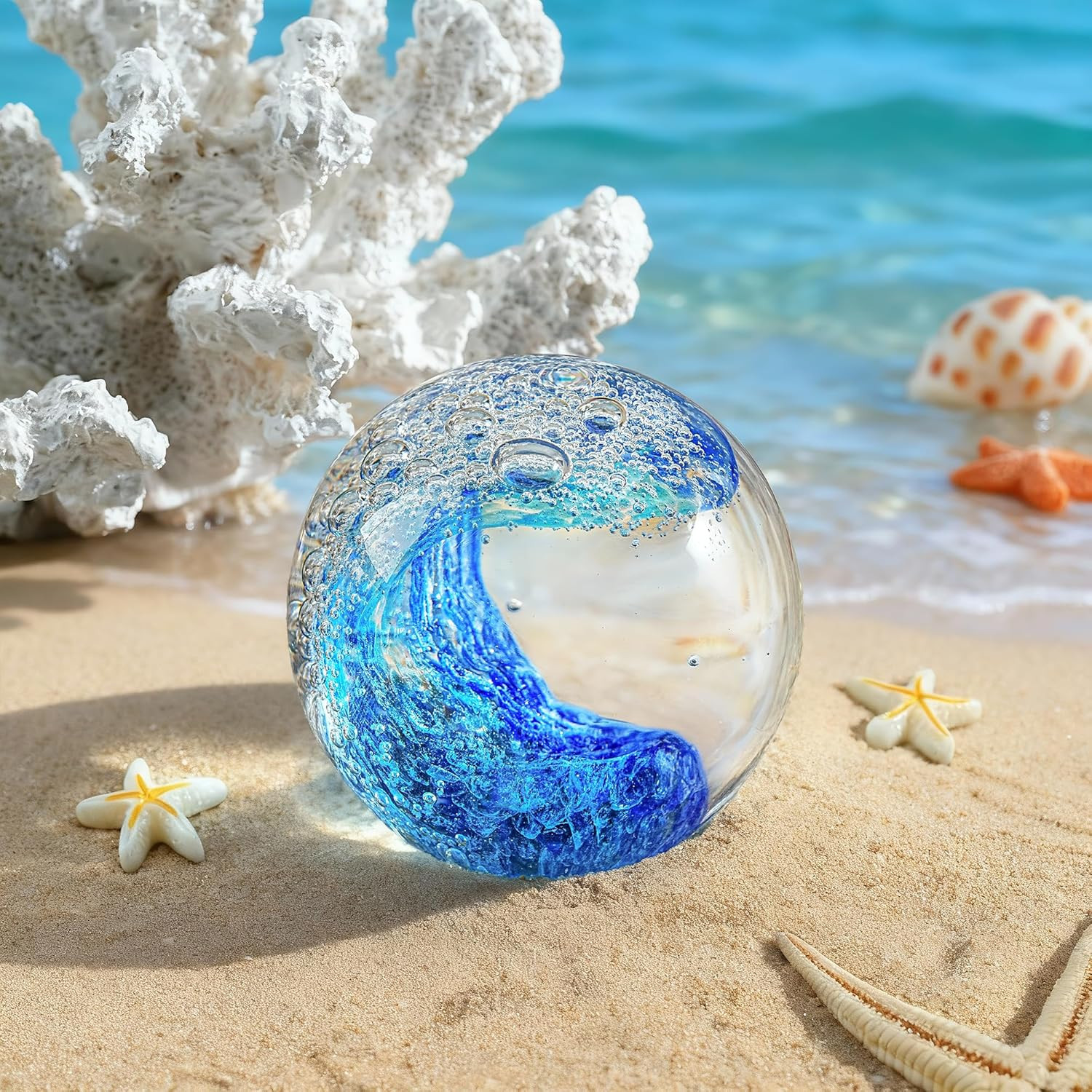 Hand Blown Glass Ocean Wave Ball, 2.3″ Blue Sea Wave Crystal Figurine