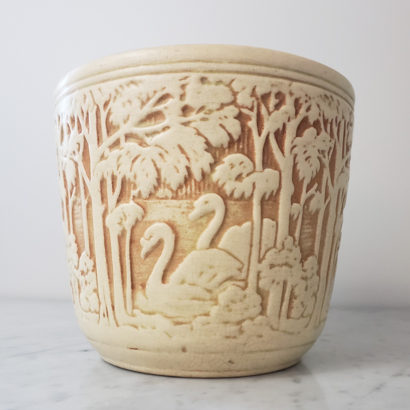 Weller Knifewood Ivory c. 1914 Swan Ceramic Art Pottery Jardiniere Planter 5.5″