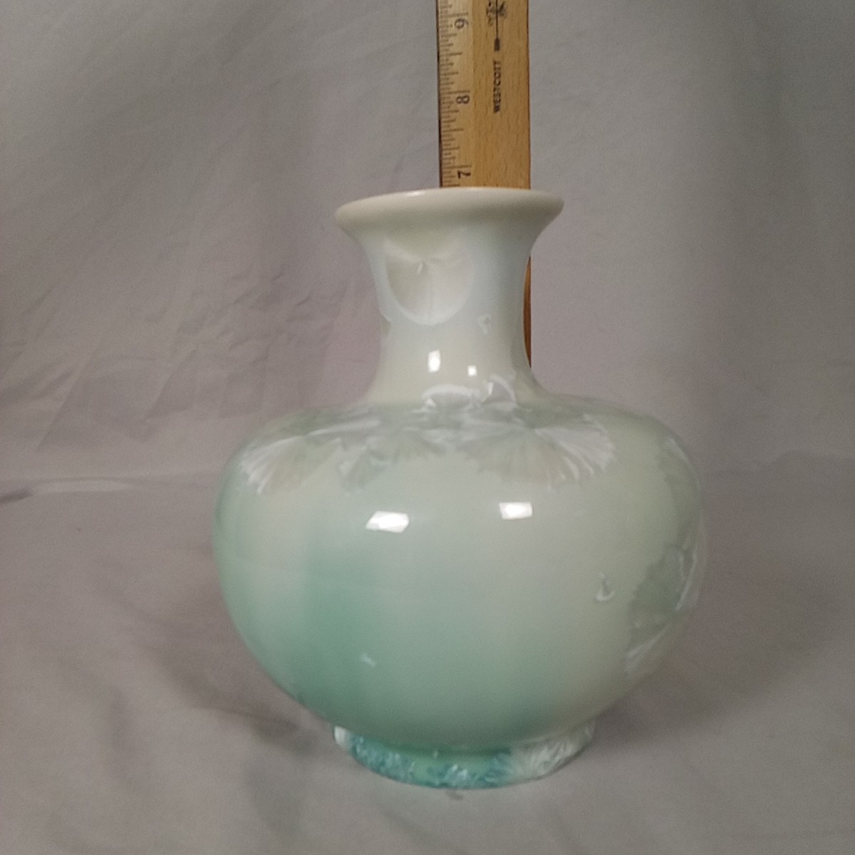 Mud Works Crystalline Vase ’04 Blue Teal Silver Blooms 6.25″ x 5.5″ Pottery VTG